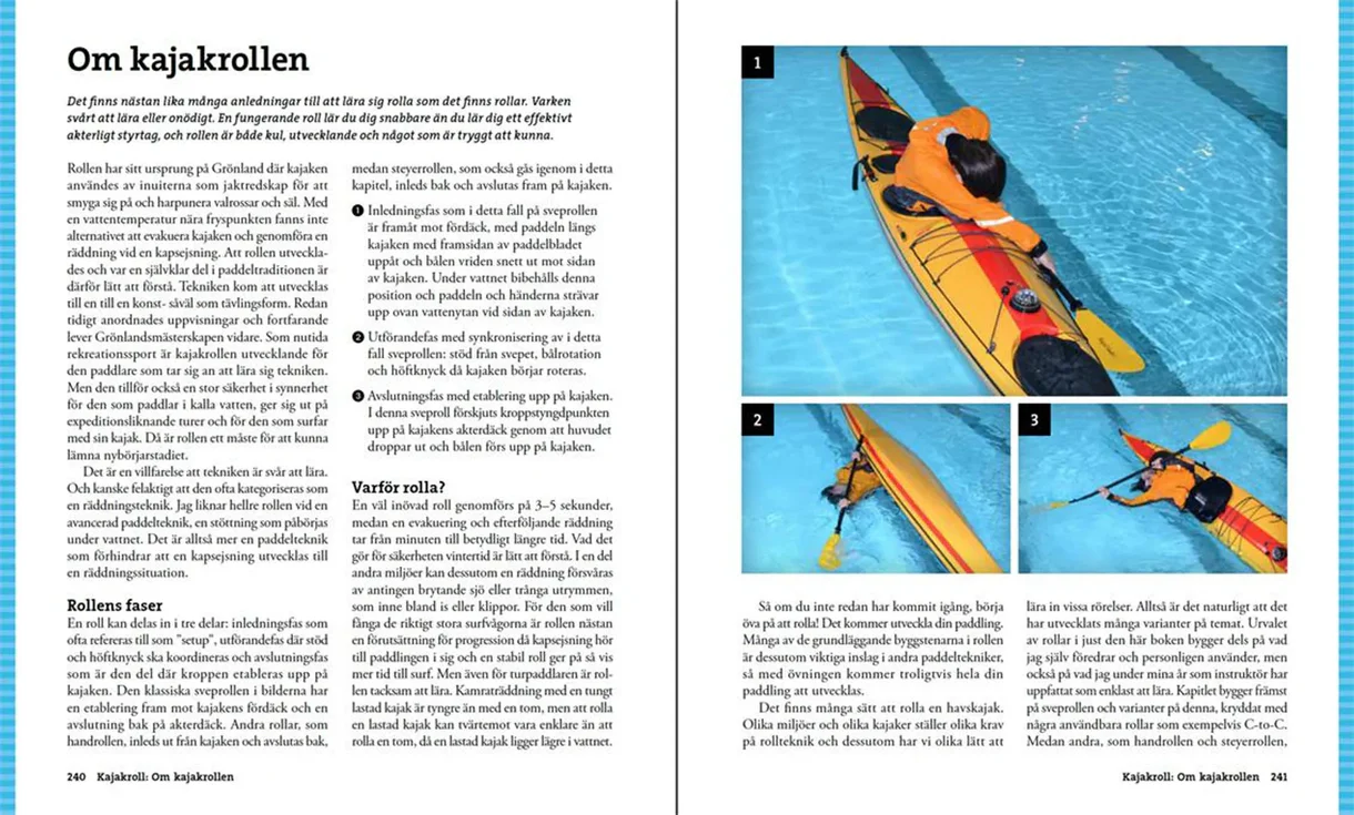 Oppslag fra Stora boken om kajakpaddling med illustrasjoner og padleteknikker