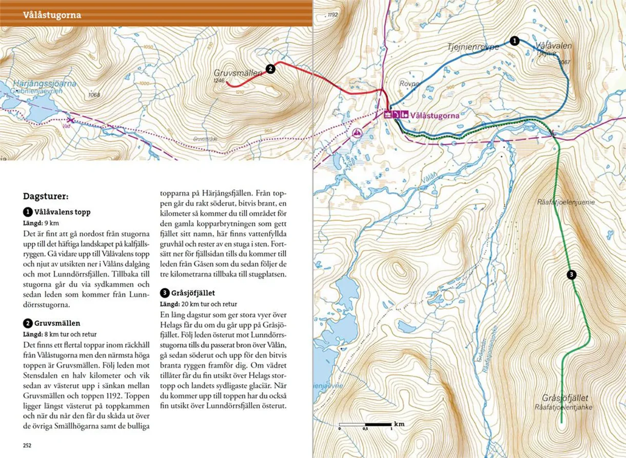 Oppslag fra Fjällvandra i Jämtland med kart, høydeprofiler og turbeskrivelser