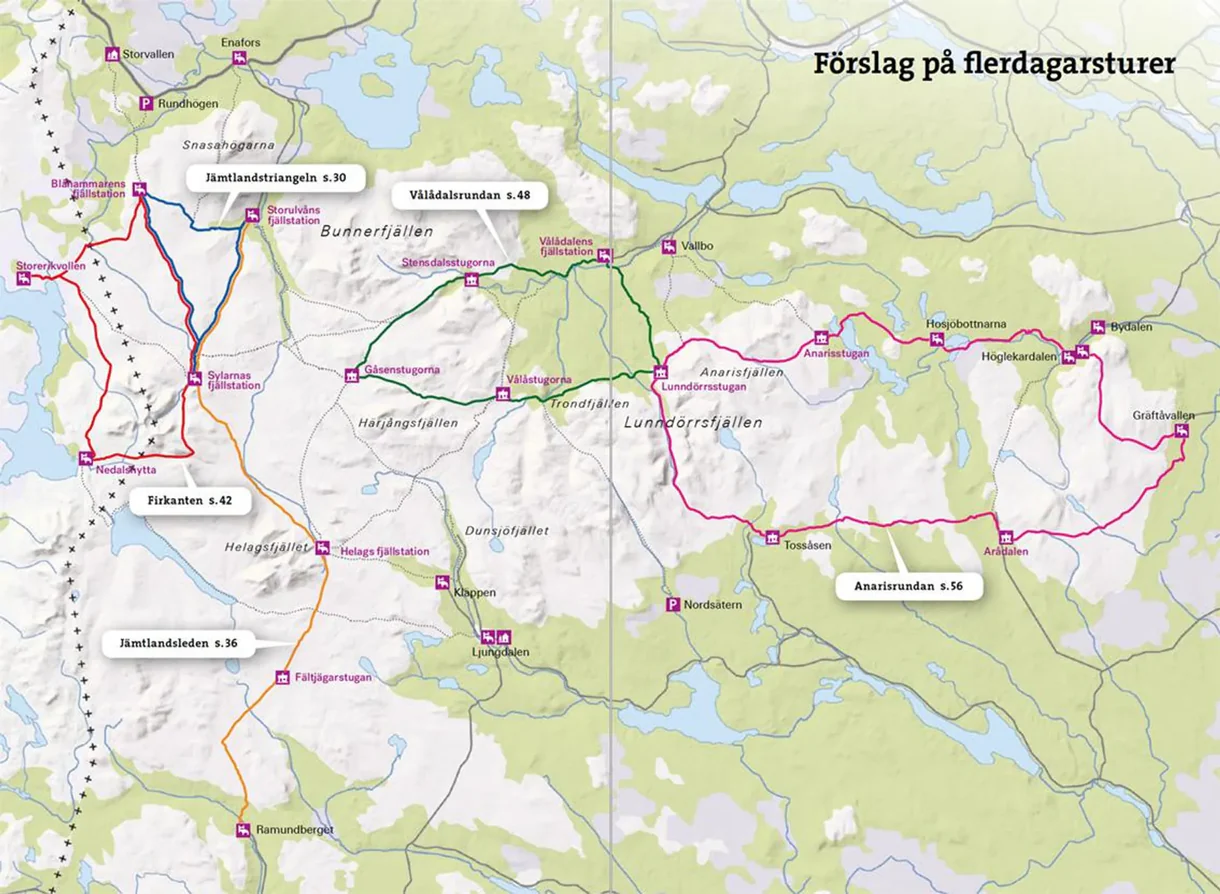 Oppslag fra Fjällvandra i Jämtland med kart, høydeprofiler og turbeskrivelser