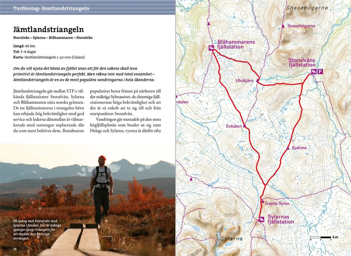 Oppslag fra Fjällvandra i Jämtland med kart, høydeprofiler og turbeskrivelser
