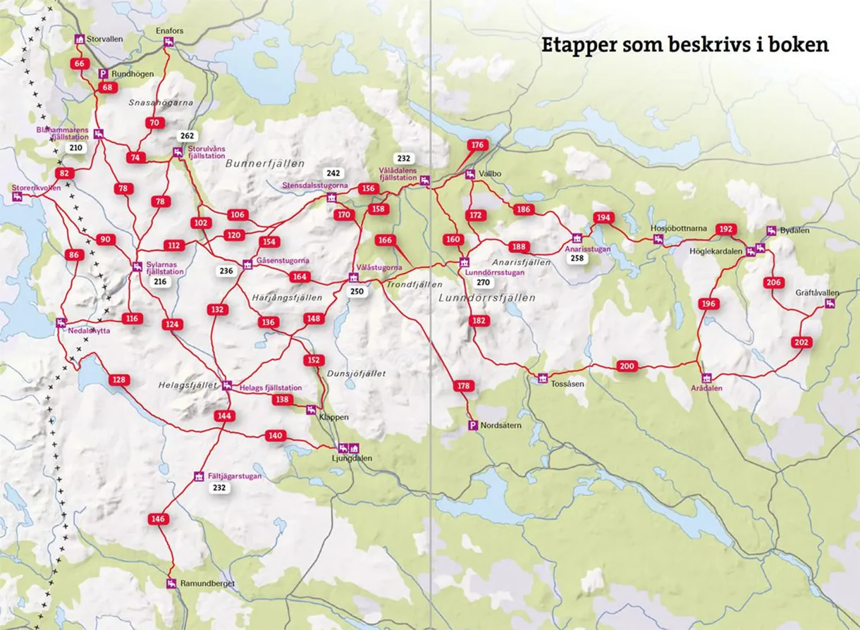 Oppslag fra Fjällvandra i Jämtland med kart, høydeprofiler og turbeskrivelser