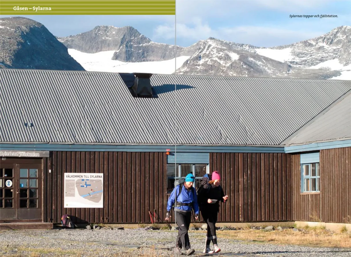 Oppslag fra Fjällvandra i Jämtland med kart, høydeprofiler og turbeskrivelser