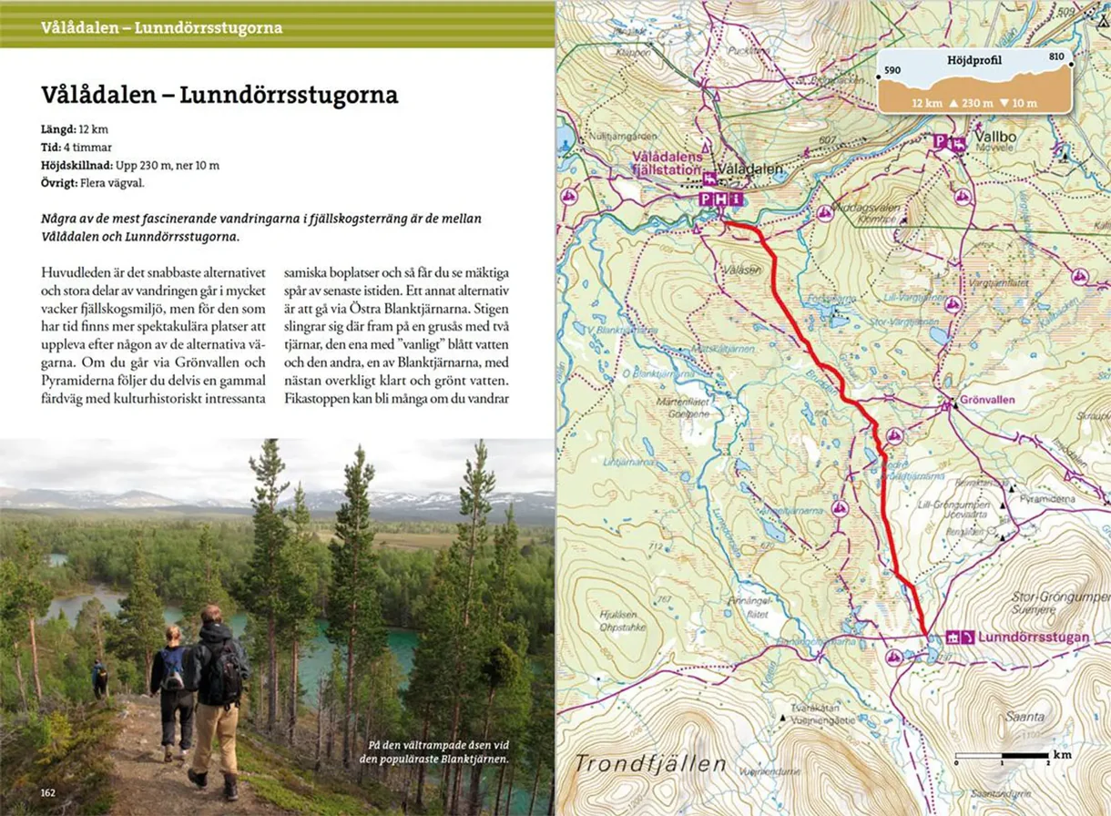 Oppslag fra Fjällvandra i Jämtland med kart, høydeprofiler og turbeskrivelser