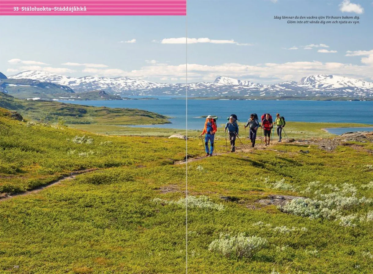 Oppslag fra Fjällvandra längs Nordkalottleden med kart, rutebeskrivelser og fotografier