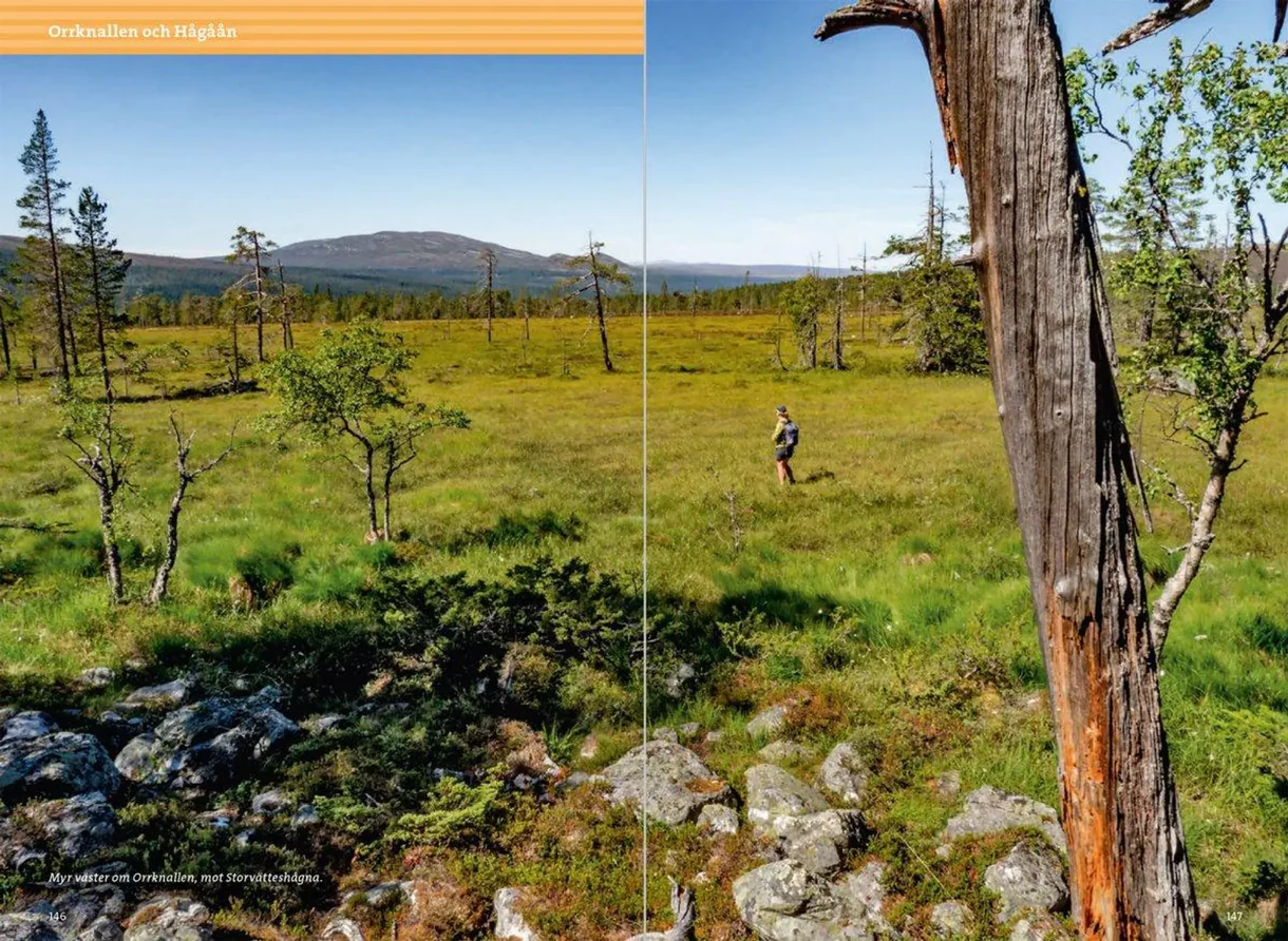 Oppslag fra Fjällvandra kring Grövelsjön med kart, turbeskrivelser og fotografier