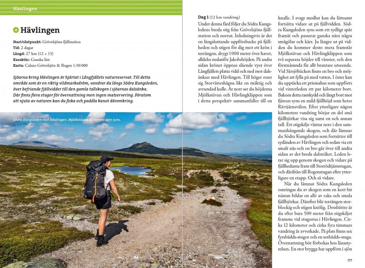 Oppslag fra Fjällvandra kring Grövelsjön med kart, turbeskrivelser og fotografier