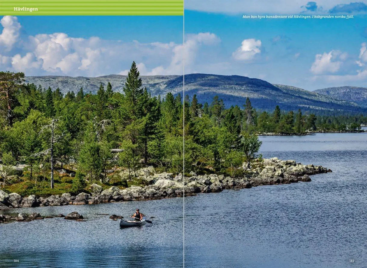 Oppslag fra Fjällvandra kring Grövelsjön med kart, turbeskrivelser og fotografier