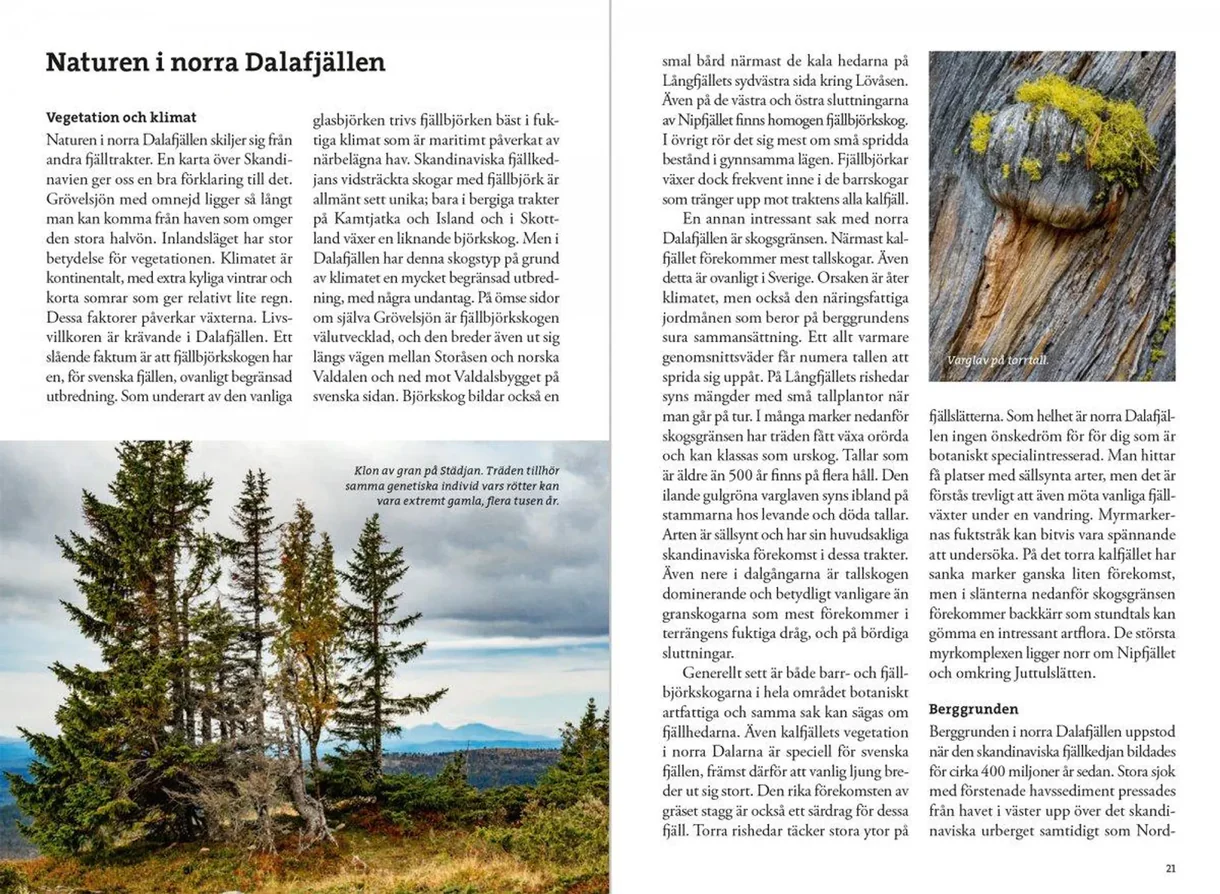 Oppslag fra Fjällvandra kring Grövelsjön med kart, turbeskrivelser og fotografier