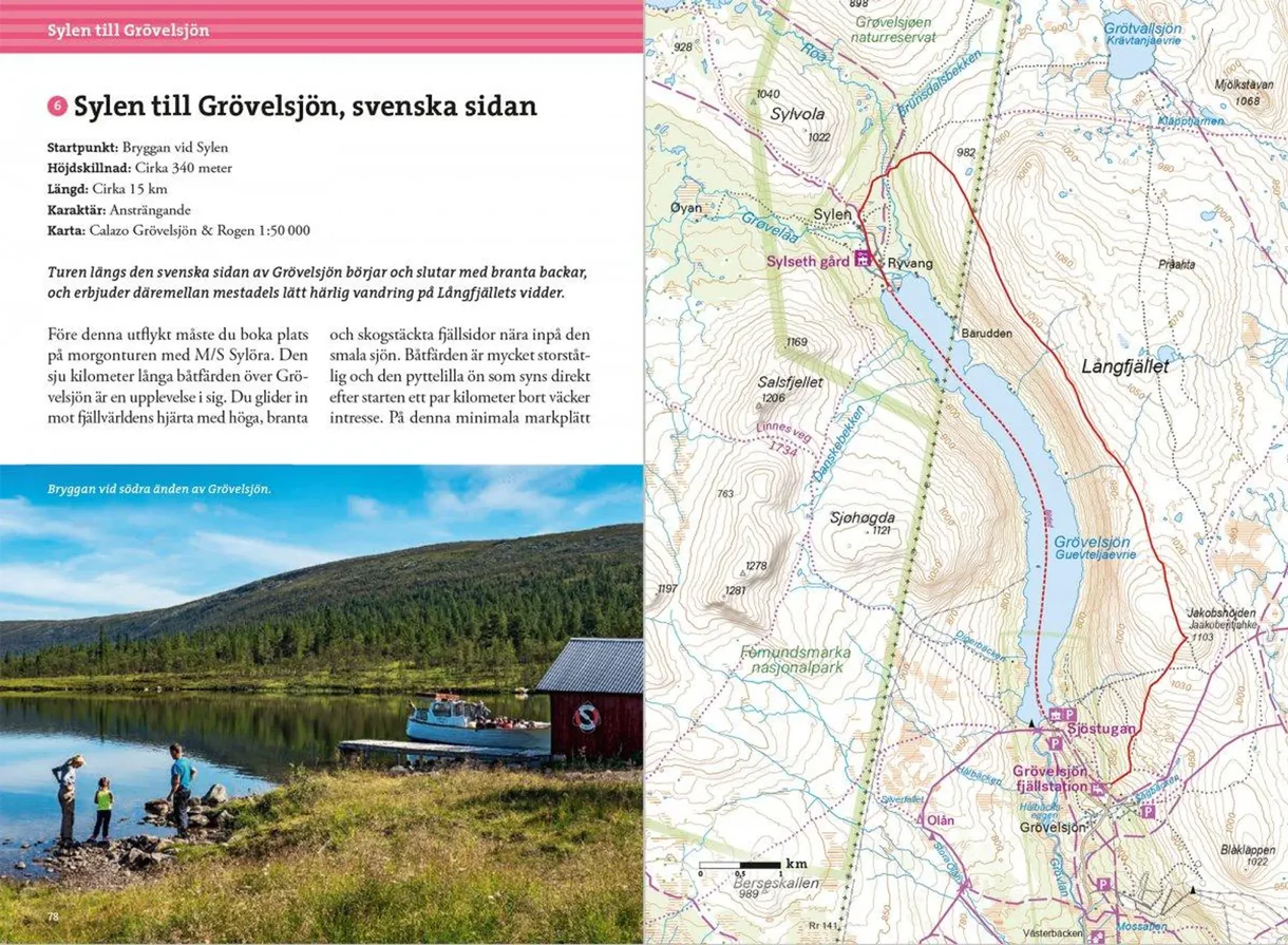 Oppslag fra Fjällvandra kring Grövelsjön med kart, turbeskrivelser og fotografier