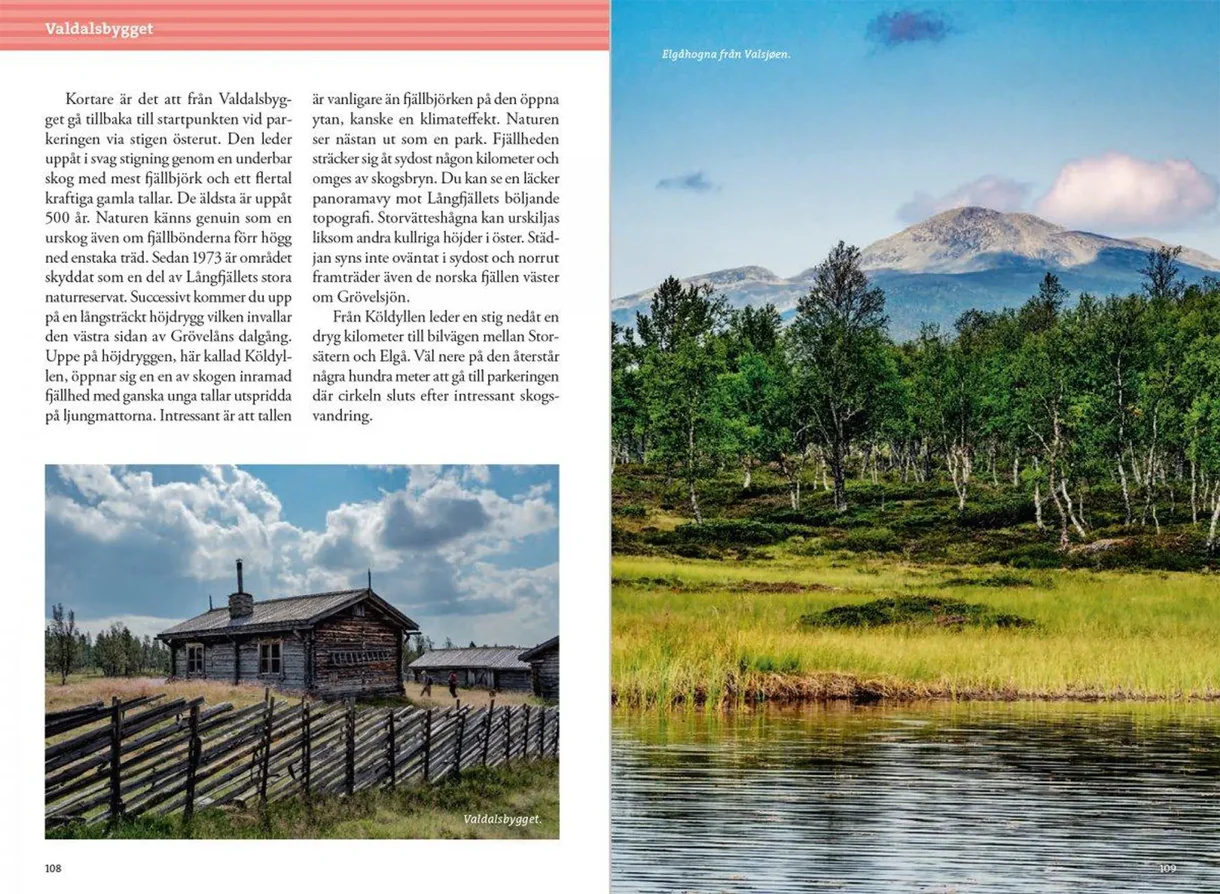Oppslag fra Fjällvandra kring Grövelsjön med kart, turbeskrivelser og fotografier