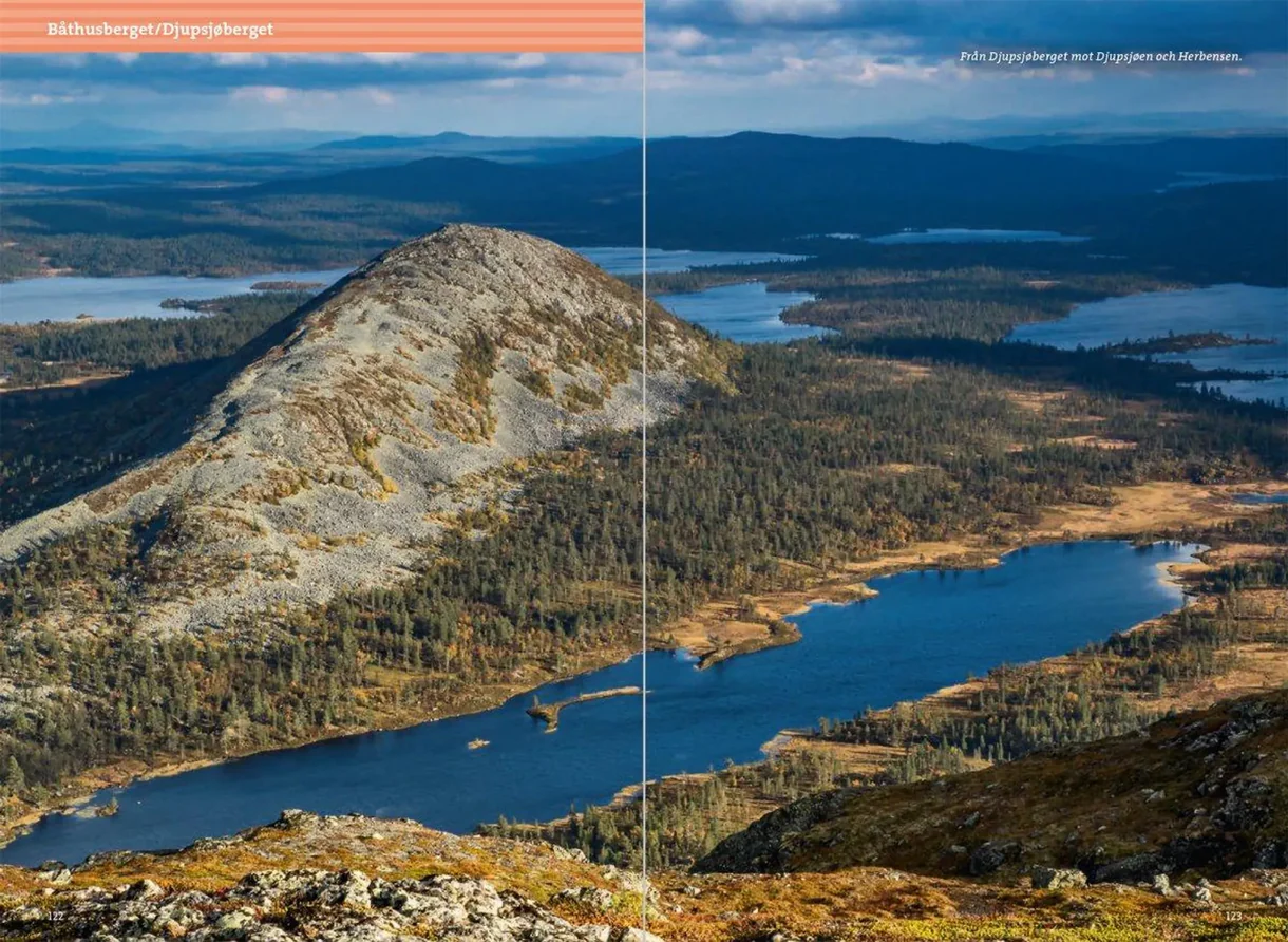 Oppslag fra Fjällvandra kring Grövelsjön med kart, turbeskrivelser og fotografier