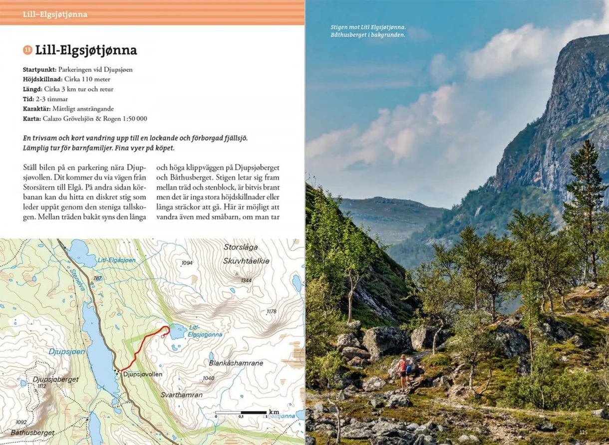 Oppslag fra Fjällvandra kring Grövelsjön med kart, turbeskrivelser og fotografier