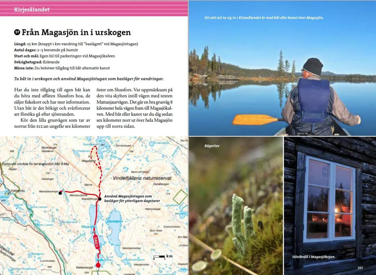 Oppslag fra Fjällvandra i Vindelfjällen med kart, turbeskrivelser og fotografier