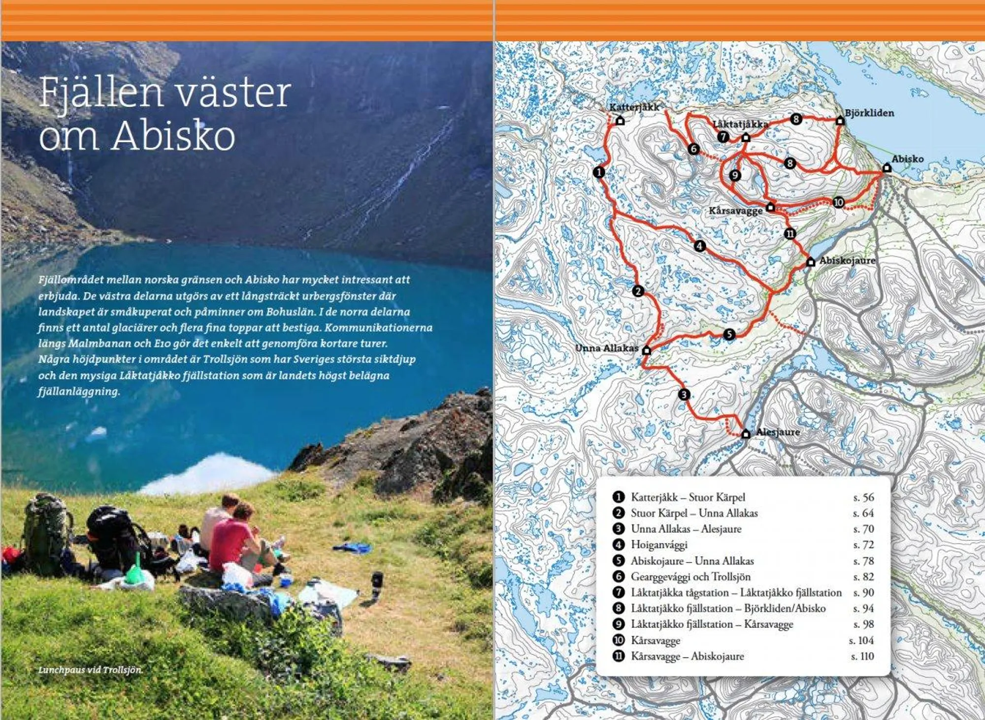 Oppslag fra Fjällvandra kring Kebnekaise, Abisko och Riksgränsen med kart og turbeskrivelser