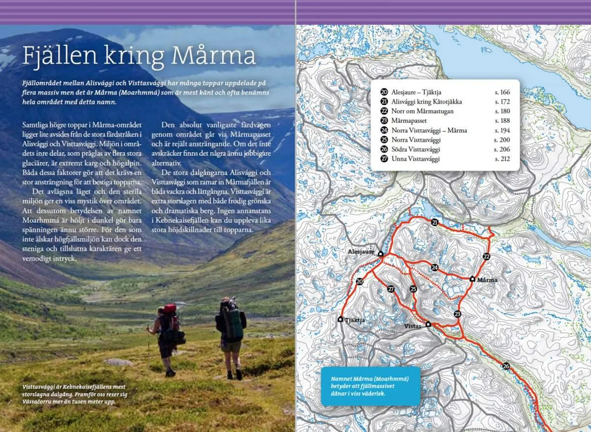 Oppslag fra Fjällvandra kring Kebnekaise, Abisko och Riksgränsen med kart og turbeskrivelser