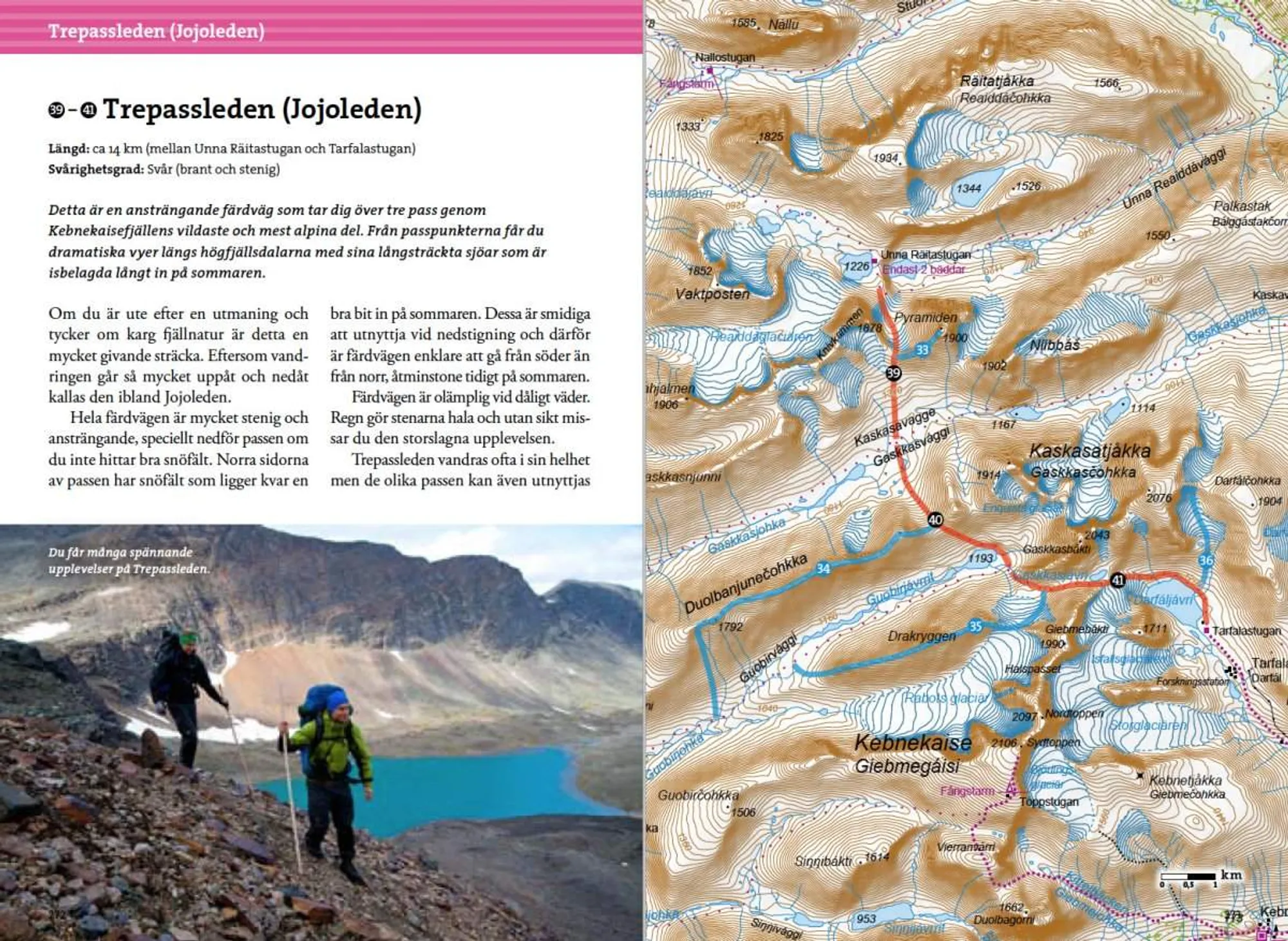 Oppslag fra Fjällvandra kring Kebnekaise, Abisko och Riksgränsen med kart og turbeskrivelser