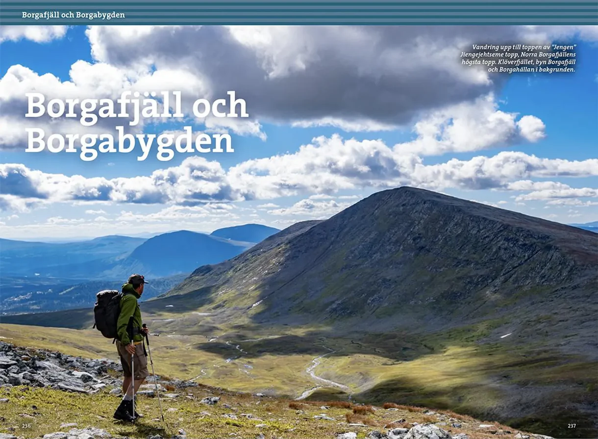 Oppslag fra Fjällvandra i södra Lappland med kart, turbeskrivelser og fotografier