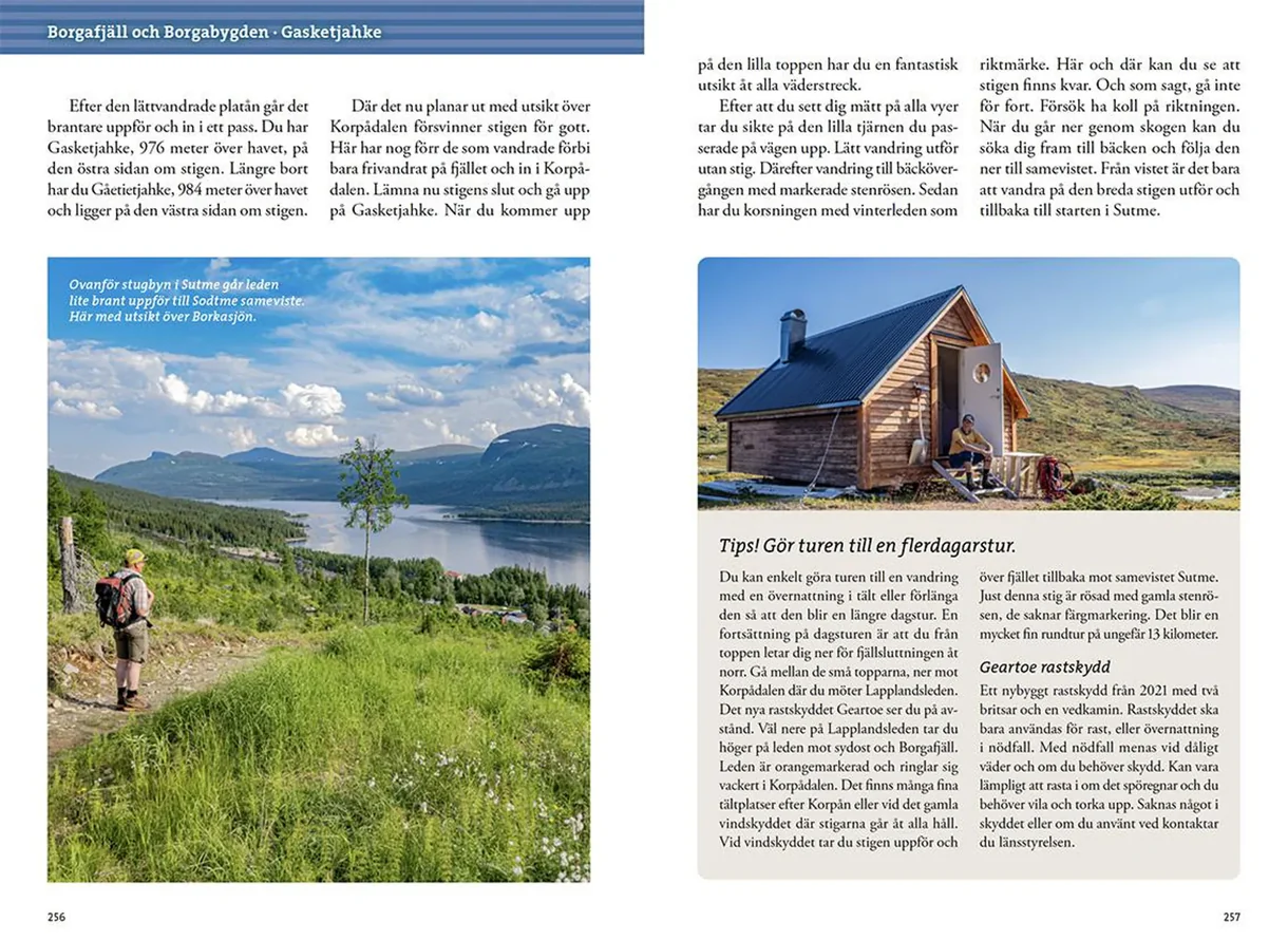 Oppslag fra Fjällvandra i södra Lappland med kart, turbeskrivelser og fotografier