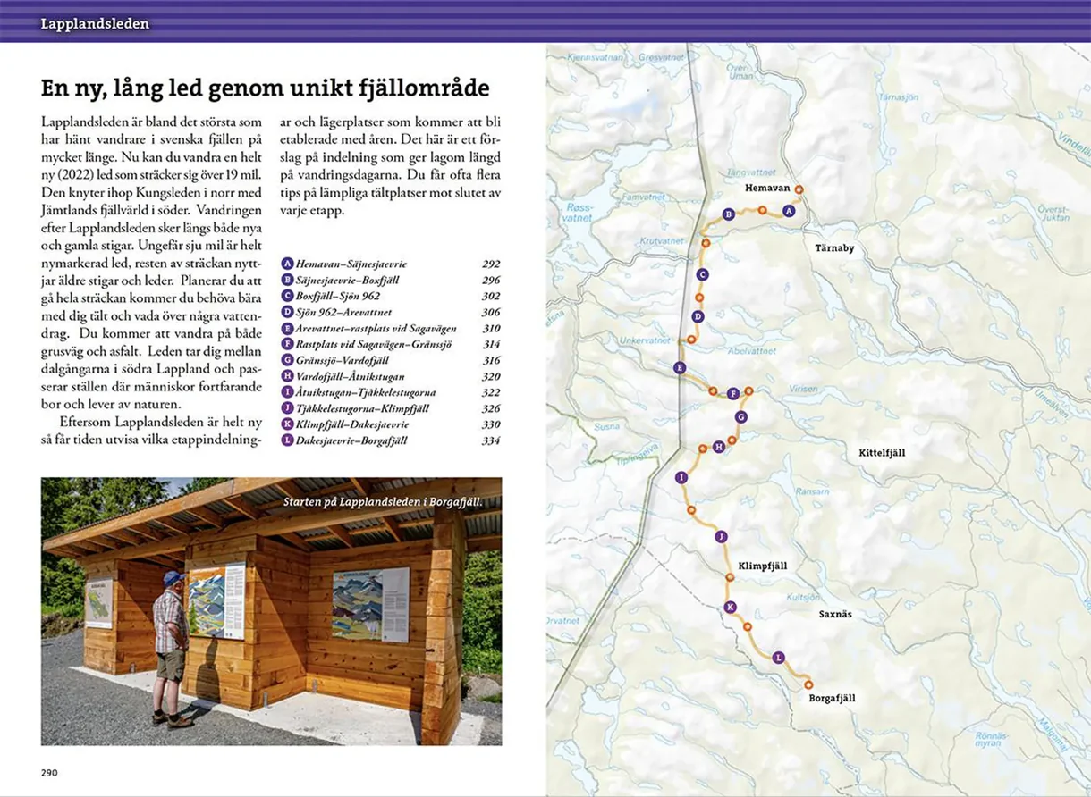 Oppslag fra Fjällvandra i södra Lappland med kart, turbeskrivelser og fotografier