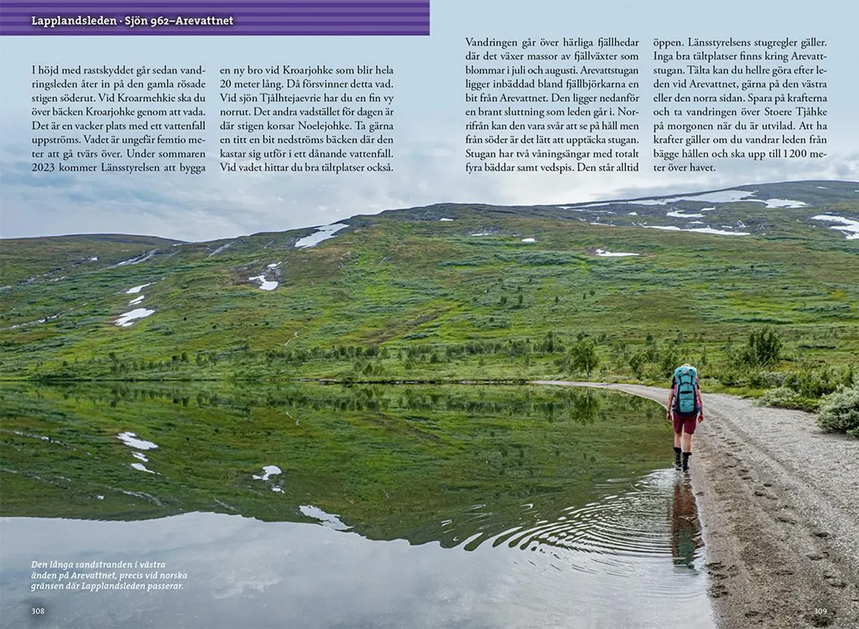 Oppslag fra Fjällvandra i södra Lappland med kart, turbeskrivelser og fotografier