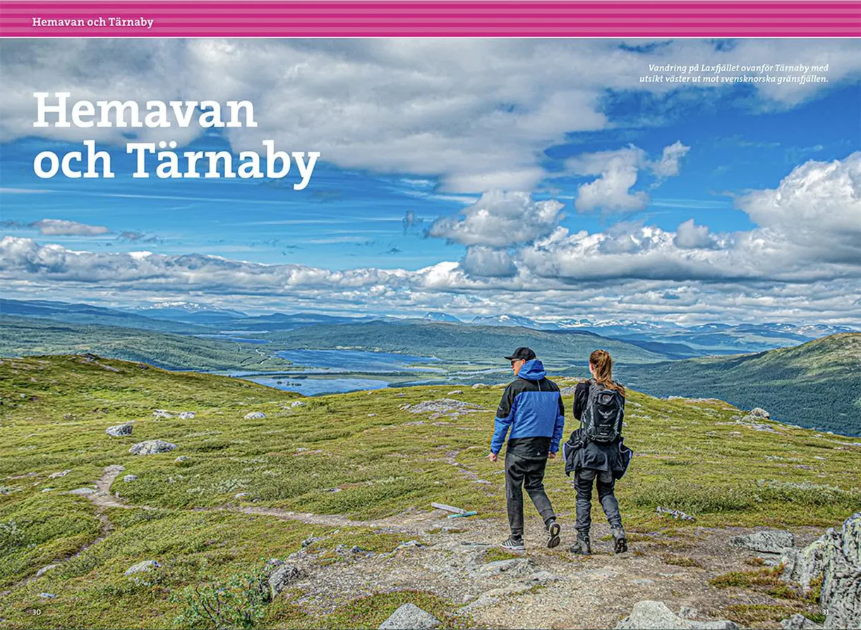 Oppslag fra Fjällvandra i södra Lappland med kart, turbeskrivelser og fotografier