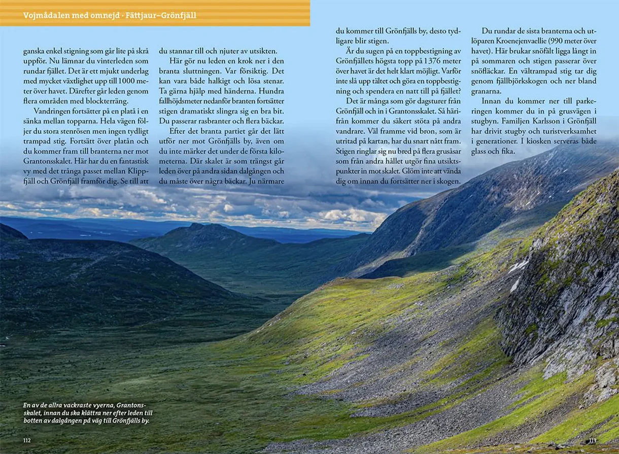 Oppslag fra Fjällvandra i södra Lappland med kart, turbeskrivelser og fotografier