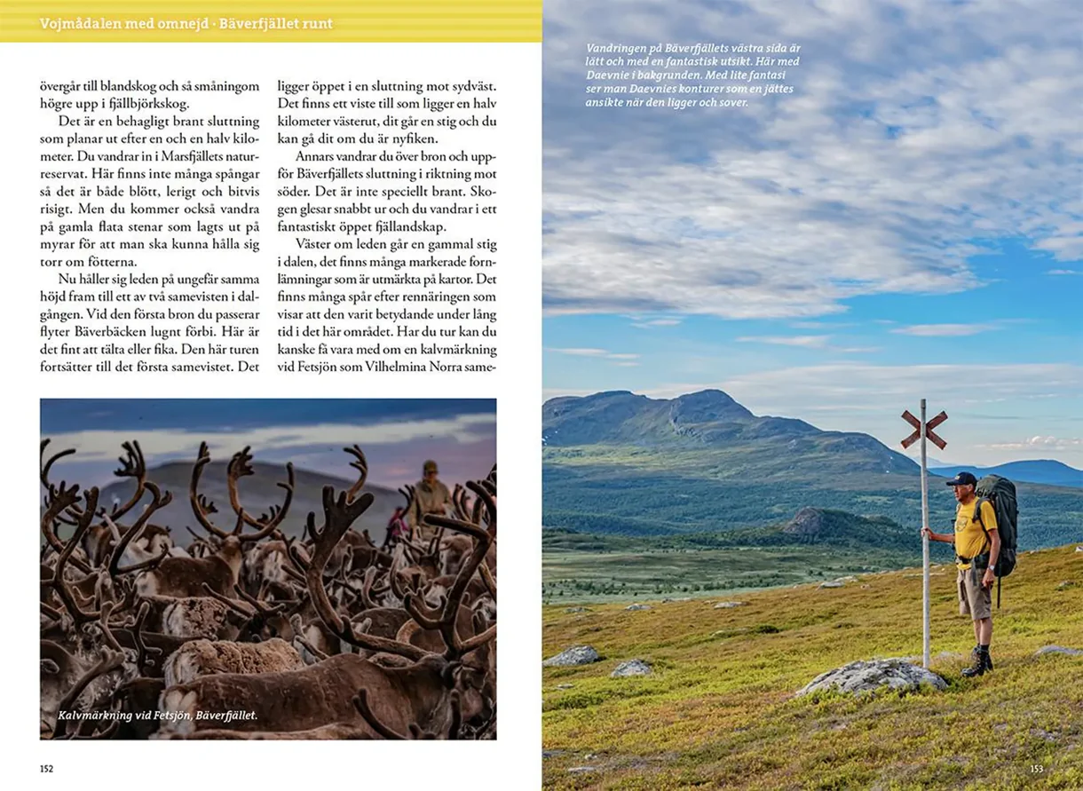 Oppslag fra Fjällvandra i södra Lappland med kart, turbeskrivelser og fotografier