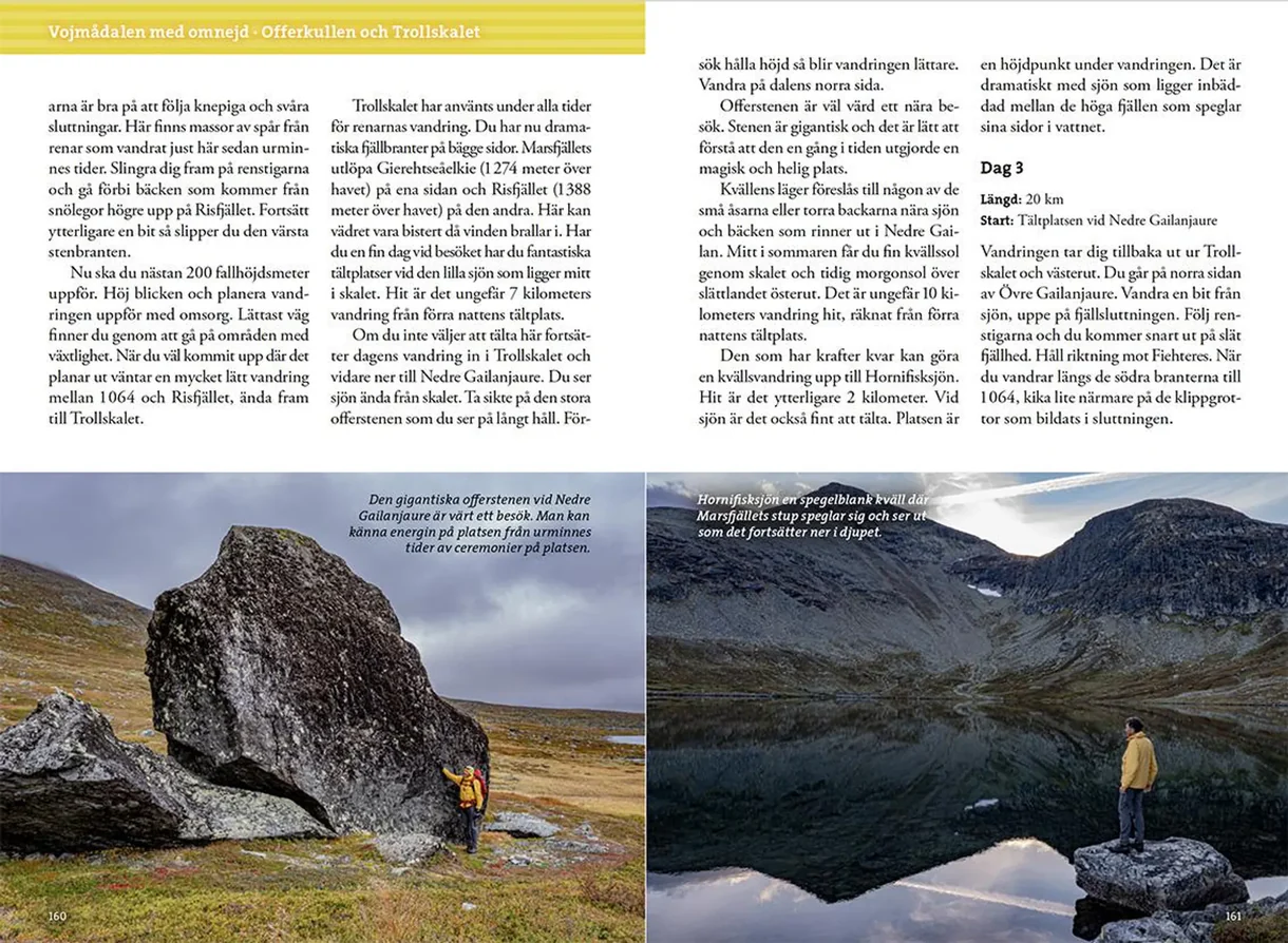 Oppslag fra Fjällvandra i södra Lappland med kart, turbeskrivelser og fotografier