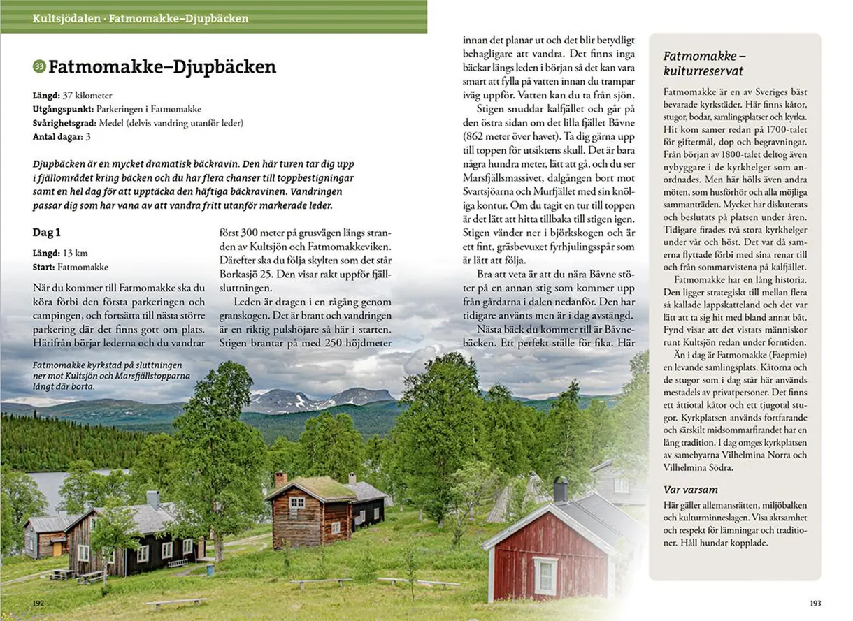 Oppslag fra Fjällvandra i södra Lappland med kart, turbeskrivelser og fotografier