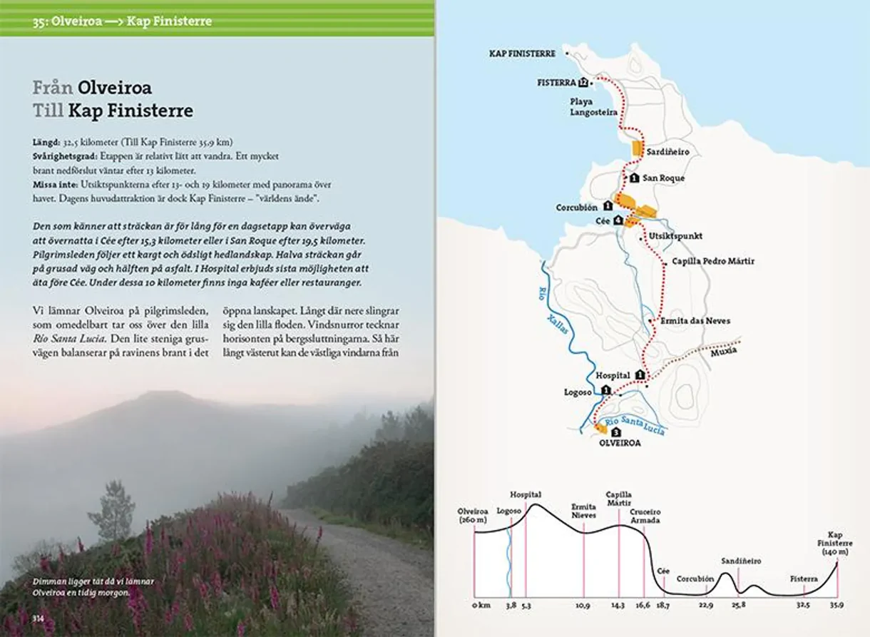 Oppslag fra Pilgrimsvandra till Santiago de Compostela med etappekart og rutebeskrivelser