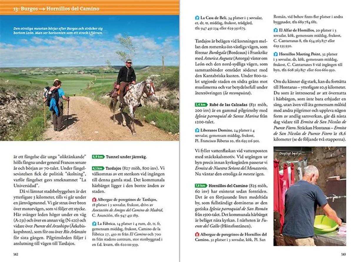 Oppslag fra Pilgrimsvandra till Santiago de Compostela med etappekart og rutebeskrivelser