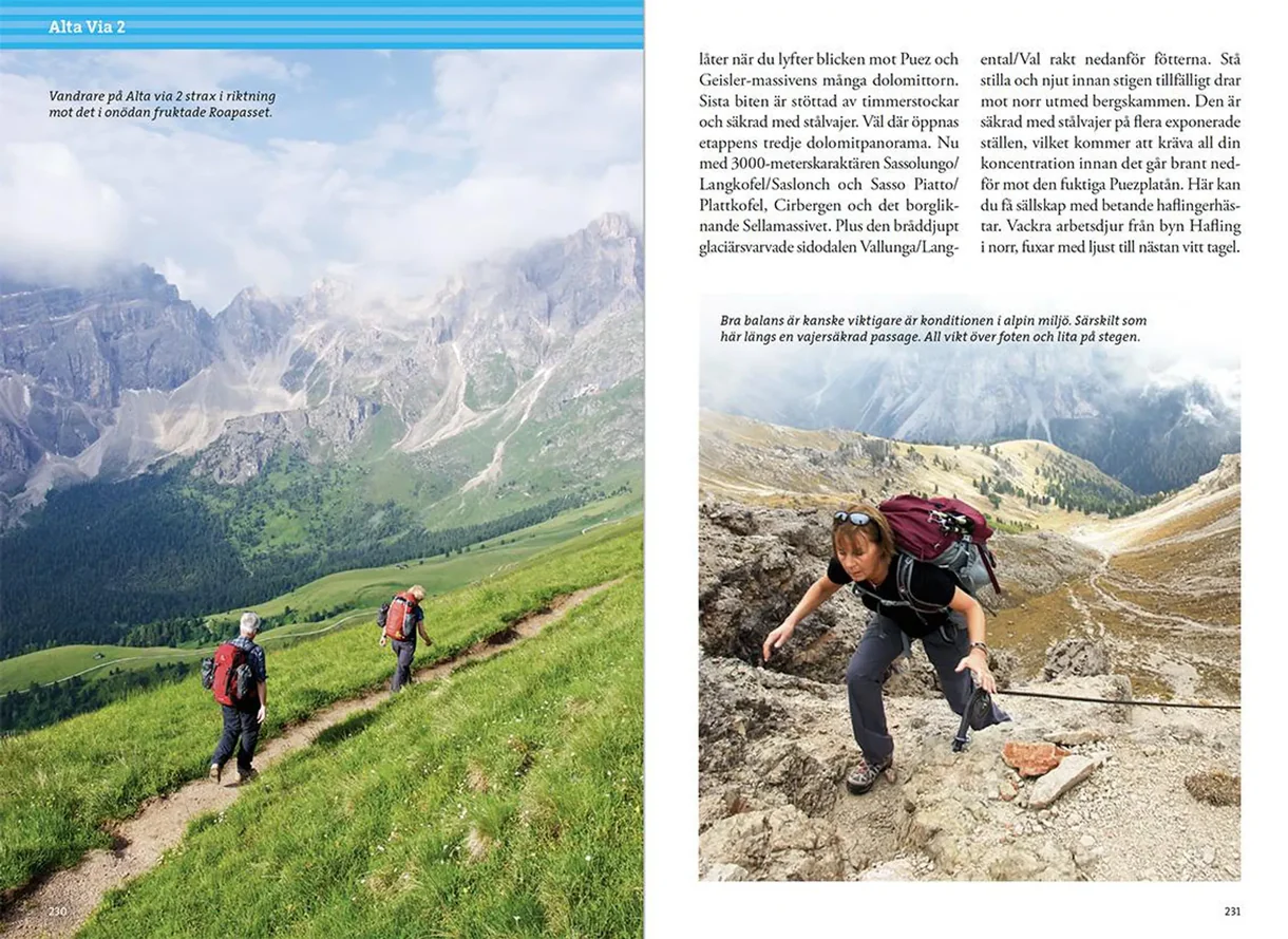 Oppslag fra Vandra i Alperna: Dolomiterna med kart, turbeskrivelser og fotografier