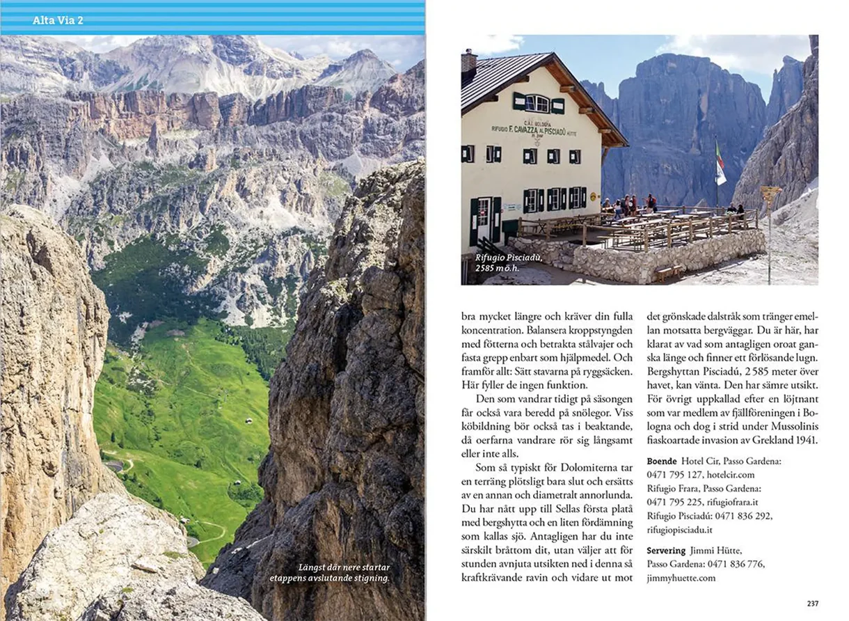 Oppslag fra Vandra i Alperna: Dolomiterna med kart, turbeskrivelser og fotografier