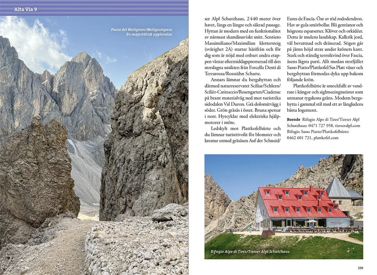 Oppslag fra Vandra i Alperna: Dolomiterna med kart, turbeskrivelser og fotografier