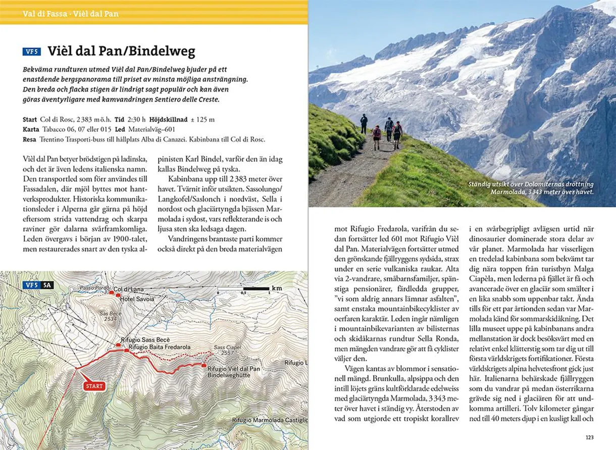 Oppslag fra Vandra i Alperna: Dolomiterna med kart, turbeskrivelser og fotografier