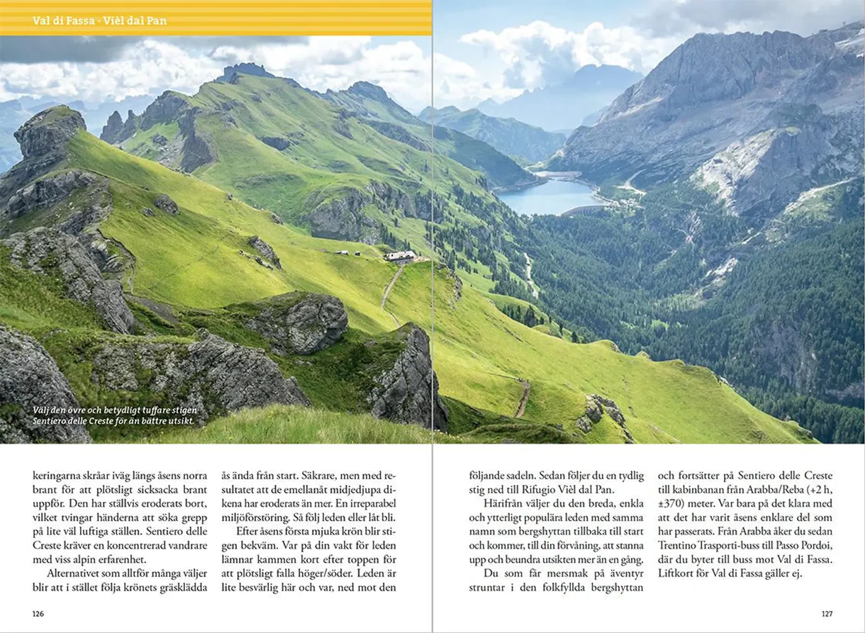 Oppslag fra Vandra i Alperna: Dolomiterna med kart, turbeskrivelser og fotografier