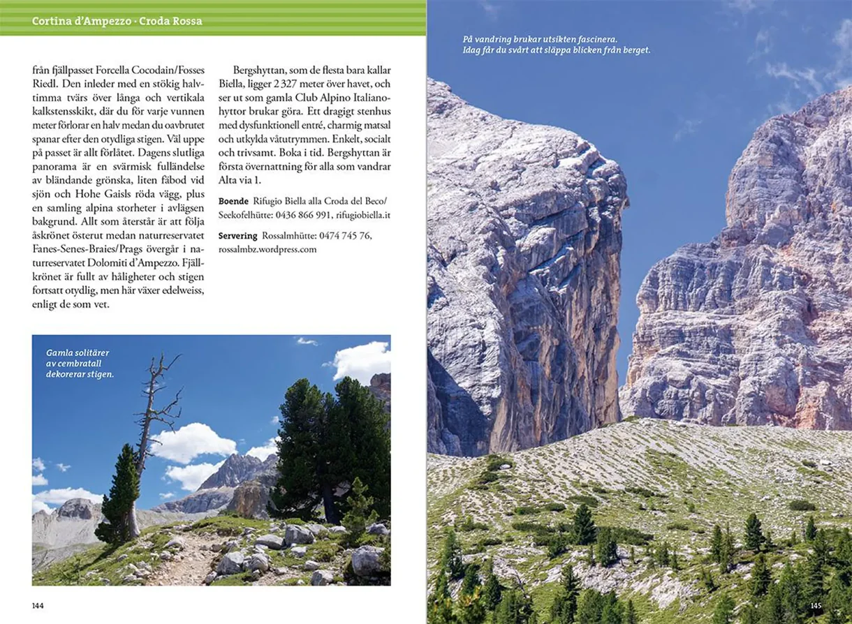 Oppslag fra Vandra i Alperna: Dolomiterna med kart, turbeskrivelser og fotografier