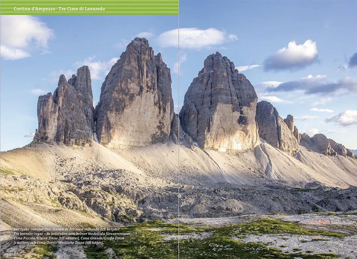 Oppslag fra Vandra i Alperna: Dolomiterna med kart, turbeskrivelser og fotografier