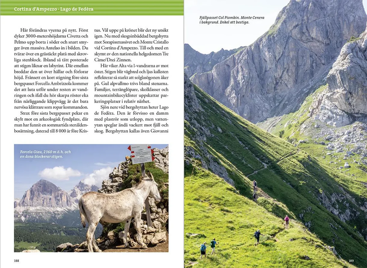 Oppslag fra Vandra i Alperna: Dolomiterna med kart, turbeskrivelser og fotografier