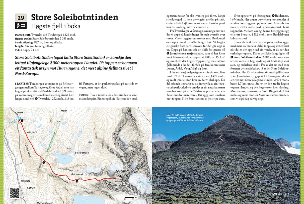 Open Book: Opptur Sogn, featuring hiking descriptions, maps, and photographs