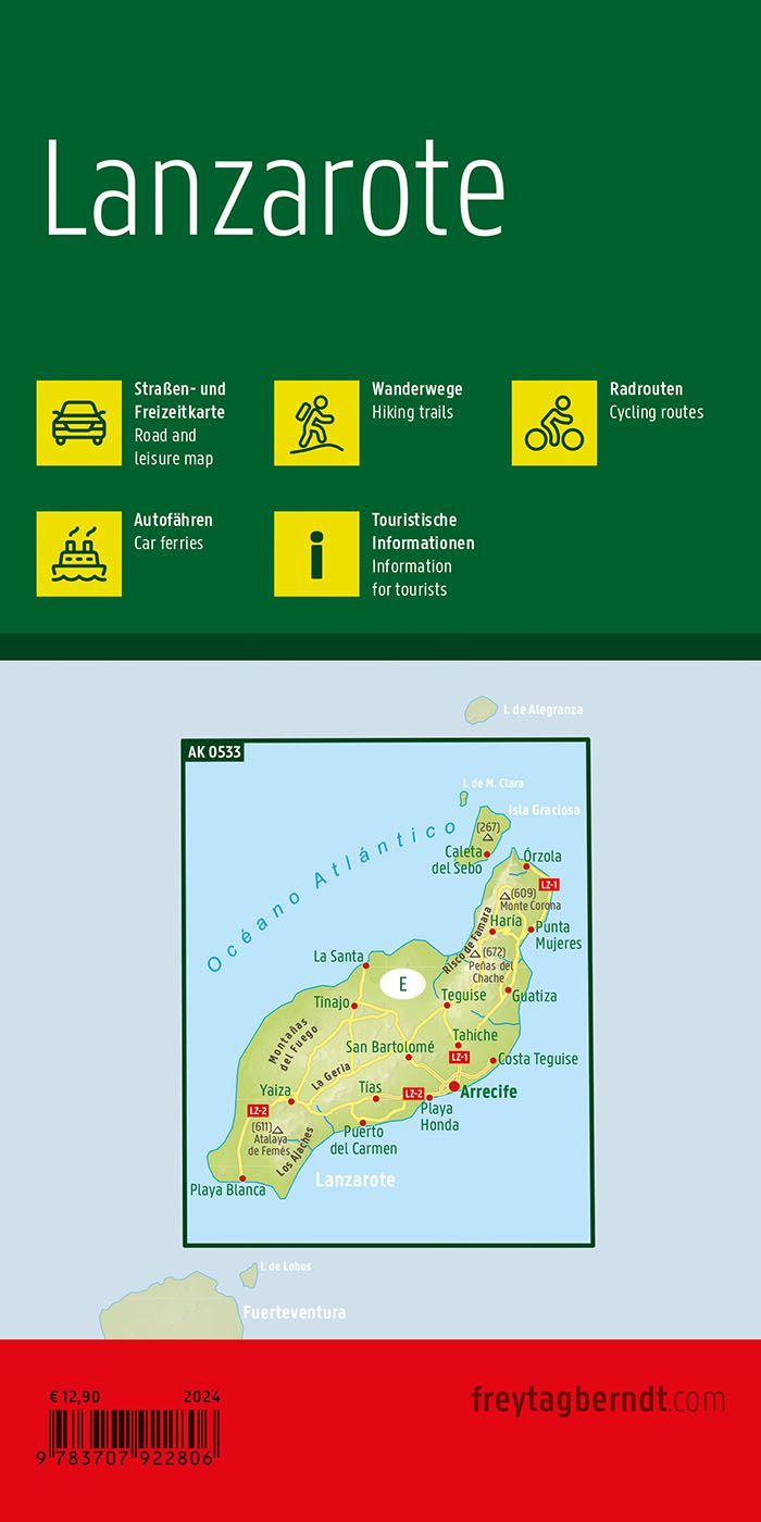 Baksiden av Freytag & Berndt veikart over Lanzarote.