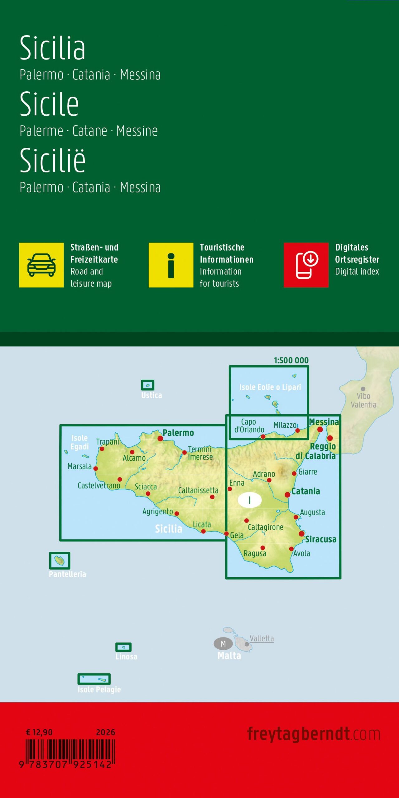 Bakside av Sicilia veikart med Infoguide og turistinformasjon