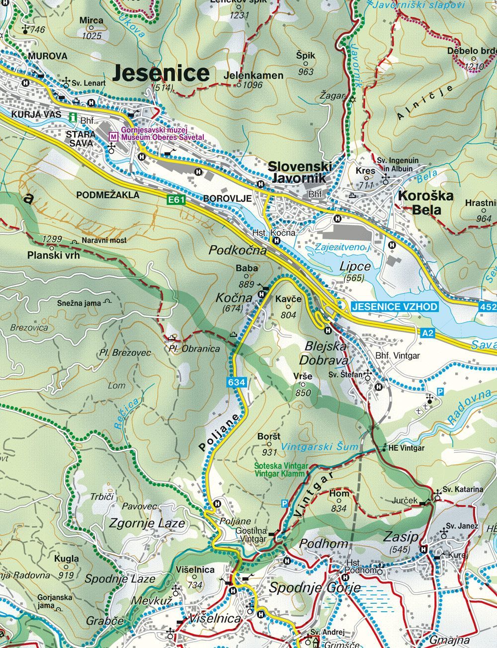 Detailed section from a hiking map of the Julian Alps at a scale of 1:50,000