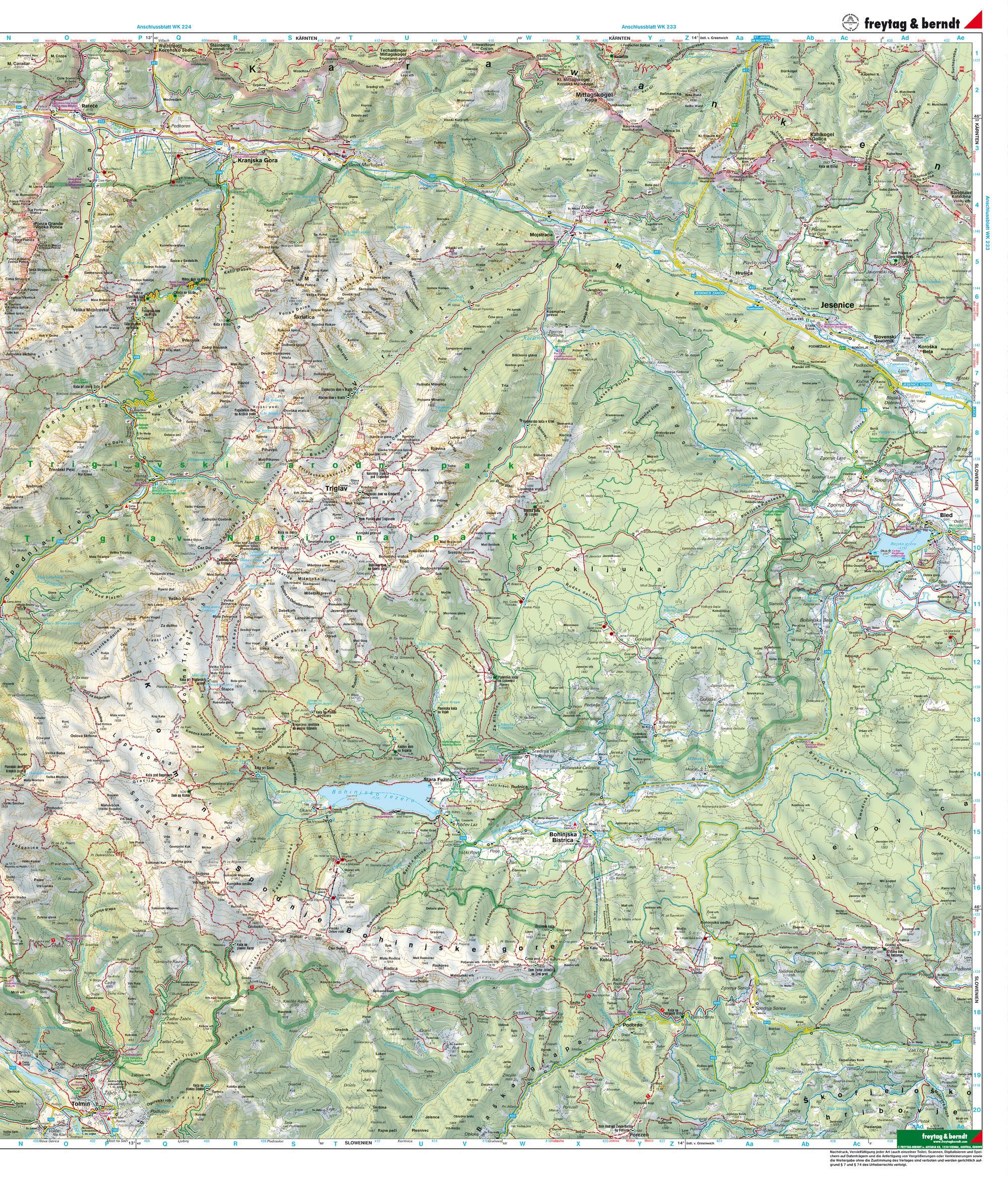 Unfolded hiking map of the Julian Alps in Slovenia and Italy