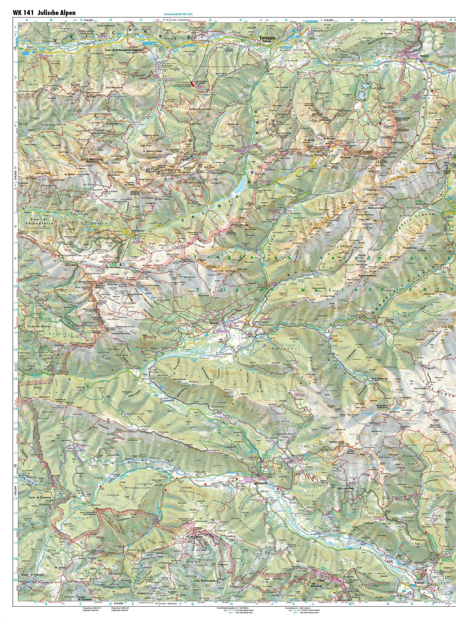 Unfolded hiking map of the Julian Alps in Slovenia and Italy