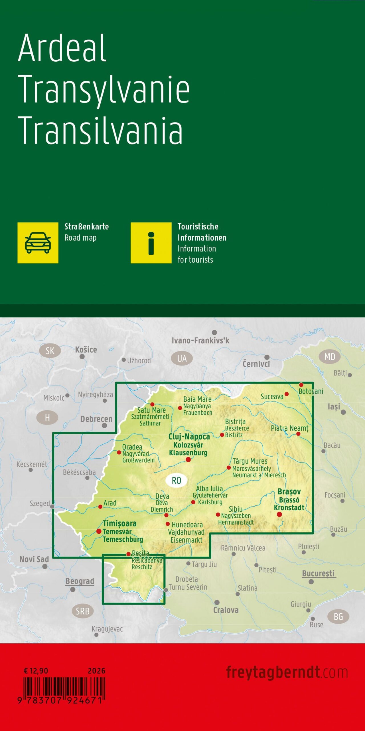 The back of the Freytag & Berndt road map of Transylvania.