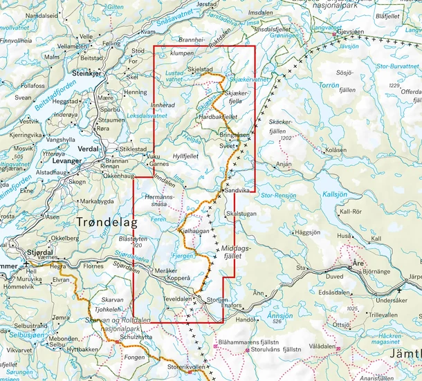 Detailed section from the Calazo hiking map *Helt på grensen* at a scale of 1:50,000.