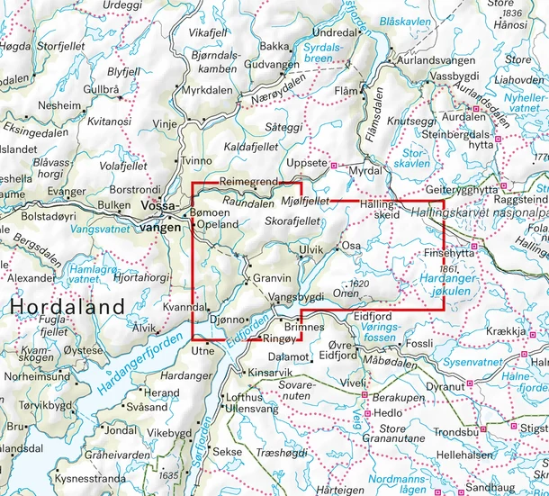 Detailed section from the Calazo high-mountain map of Ulvik.