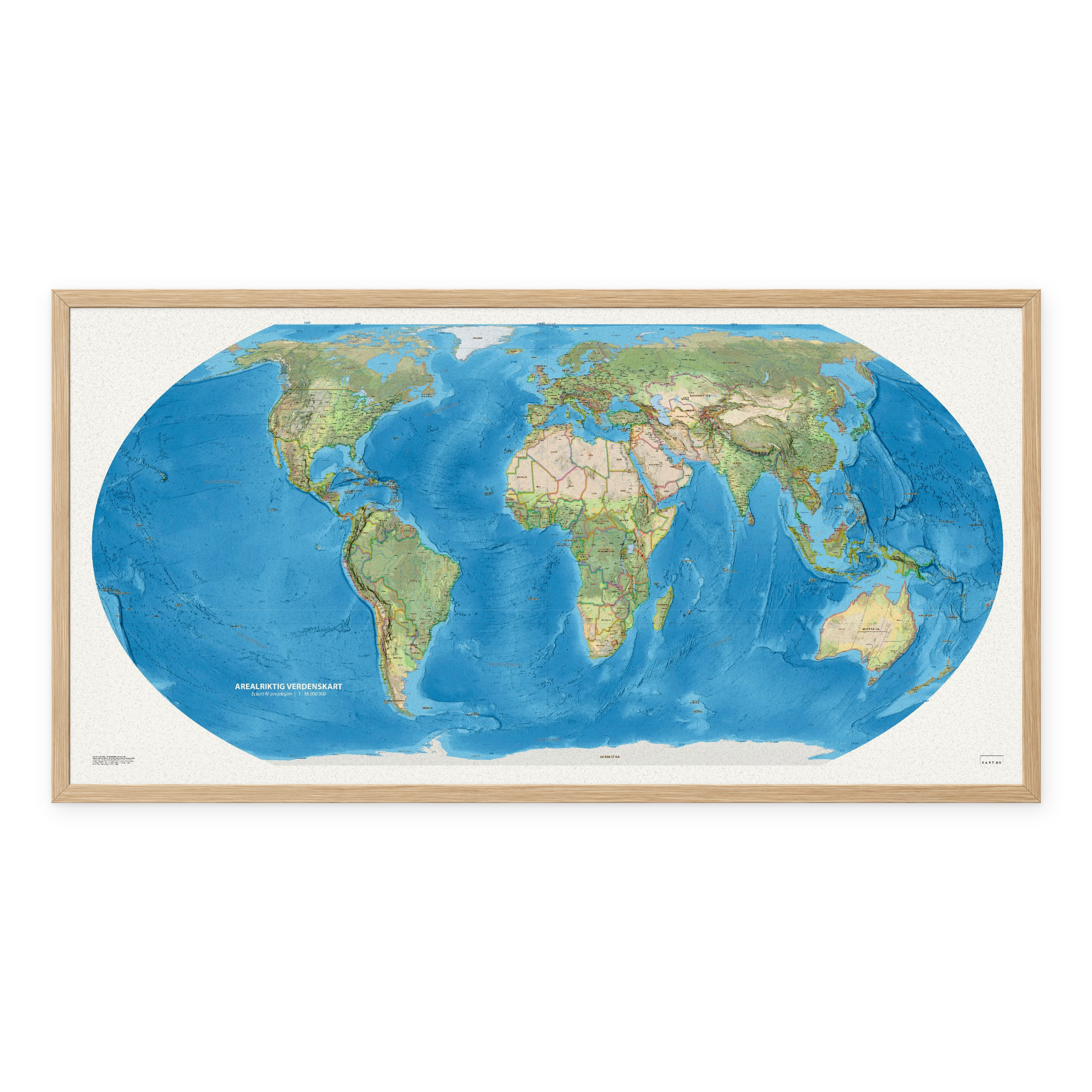 Arealriktig verdenskart på norsk, 100 × 50 cm, med eikeramme