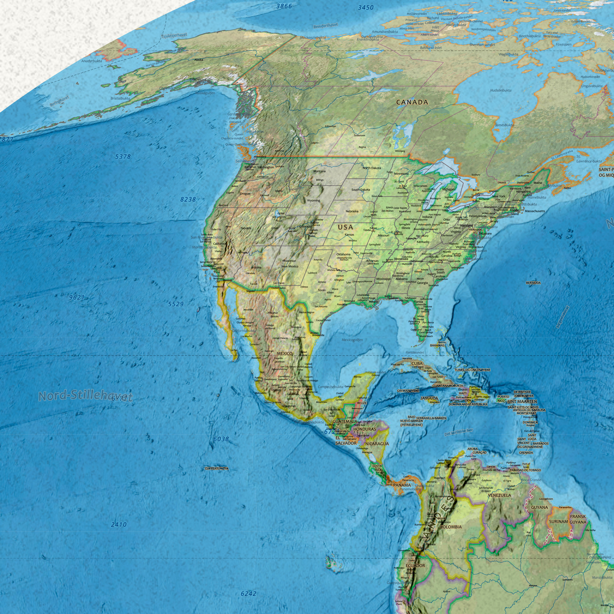 Arealriktig verdenskart på norsk detalj av Nord-Amerika